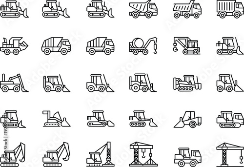 Construction machinery icons set, excavator bulldozer dump truck crane silhouettes, heavy equipment vehicles outline, building site machines collection, black vector illustrations, industrial tools