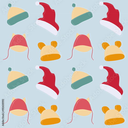Childrens pattern with warm hats, cute winter hats with earflaps on light blue background