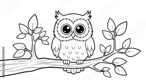 Cartoon Owl on Branch with Leaves in Simple Line Art Style with Black and White Color Scheme for Childrens Coloring Book