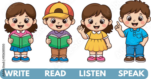Cute school kids write read listen speak, English language skills cartoon vector illustration isolated background