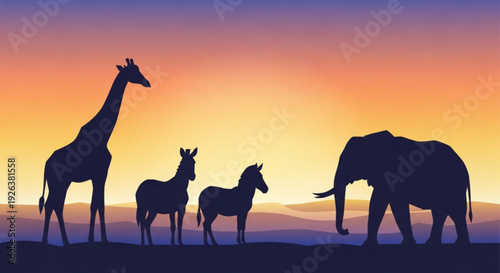 Silhouettes of giraffe, donkeys, and elephant at sunset