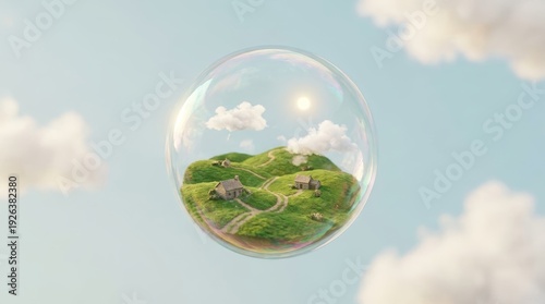 Protected Green World in a Bubble Floating in Blue Sky