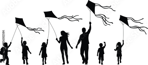 Happy family flying kites silhouette, group of parents and children playing together, outdoor summer fun, childhood joy, flavector, isolated background.