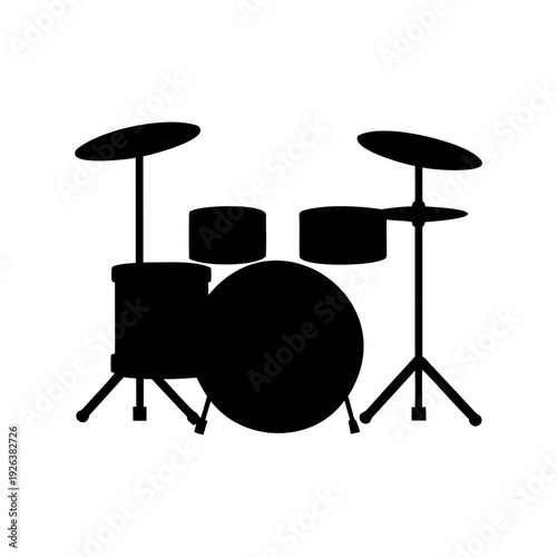 Silhouette of a drum kit with cymbal stands against white backdrop