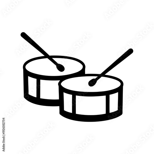 Stylized black and white image of two drums with drumsticks