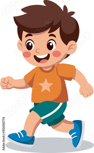 Happy little boy running fast, cute cartoon child jogging active lifestyle vector illustration isolated