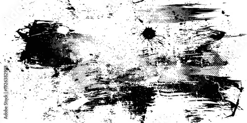 Abstract Black and White Grunge Background with Ink Splatters Halftone Texture and Distressed Brush Strokes