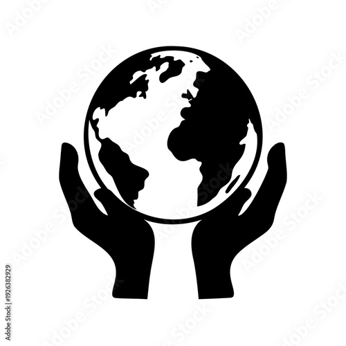 Black and white earth in hands icon symbolizing environment protection and care
