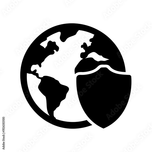 Black and white illustration of the Earth protected by a shield