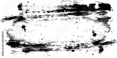 Black ink grunge brush stroke frame vector border abstract distressed paint texture with splatter drops