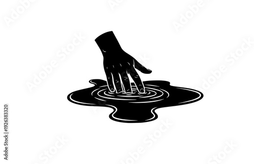 Hand Pressing into Liquid Puddle Sensory Sticker Silhouette. Tactile ASMR and All the Feels Mindful Stress Relief Concept Vector.