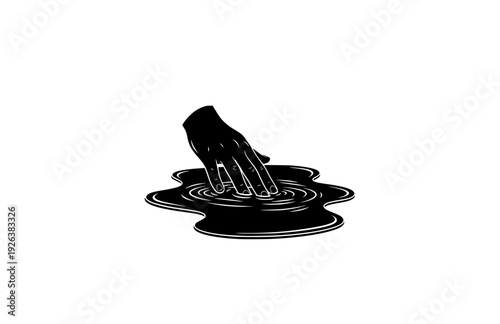 Hand Pressing into Liquid Puddle Sensory Sticker Silhouette. Tactile ASMR and All the Feels Mindful Stress Relief Concept Vector.