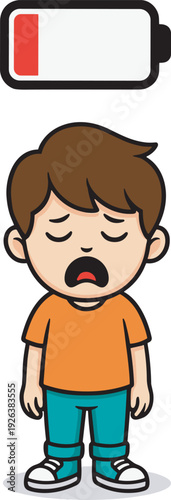 Sleepy little boy with low battery symbol, tired child energy depletion cartoon vector illustration