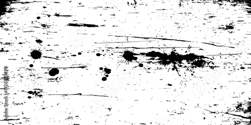 Black and white grunge texture vector with ink splatters, scratches, and distressed worn surface overlay background