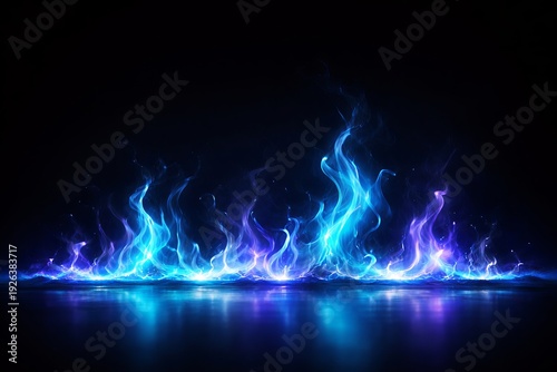 Vibrant blue and purple flame on dark background with reflection