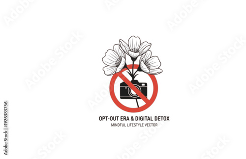 Wildflower Camera Prohibition Sign Sticker Silhouette. Opt-Out Era and Digital Detox Concept Mindful Lifestyle Vector.