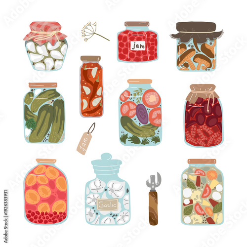 Homemade canning clipart set isolated on white. Glass jars with pickled vegetables, tomatoes, cucumbers, jam and compote. Summer harvest and food preservation concept. Digital illustration.