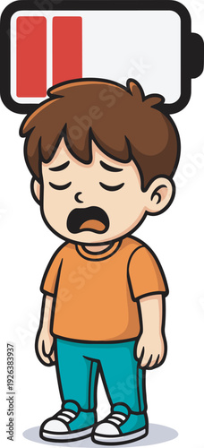 Tired little boy with low battery icon, exhausted child energy depletion cartoon vector illustration