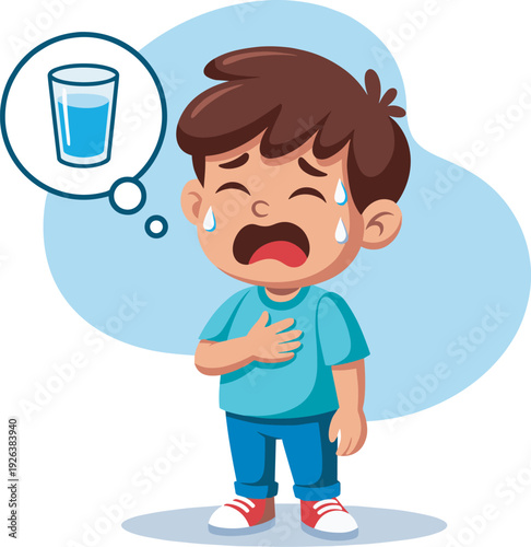 Thirsty crying little boy needing water, dehydration symptom awareness cute cartoon vector illustration isolated background