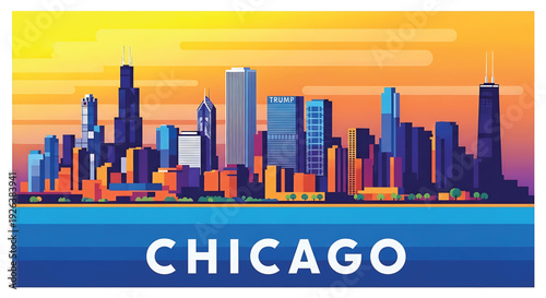 Vibrant Chicago cityscape at sunset with modern skyscrapers