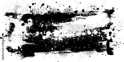 Black and White Grunge Banner with Paint Brush Strokes Splatter and Halftone Texture Effect Vector Element
