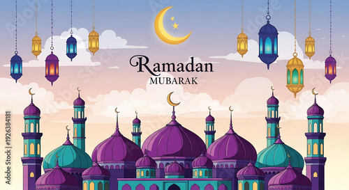 Vibrant Ramadan Mubarak celebration with colorful mosque and lanterns