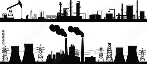 Industrial skyline silhouette, oil refinery petrochemical plant with smokestacks, power station cooling towers smoke emission, energy production pollution landscape, black vector illustration