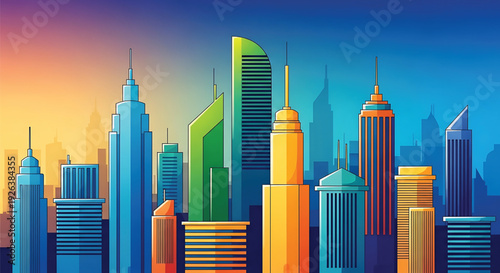 Vibrant cityscape with modern skyscrapers in colorful sunset