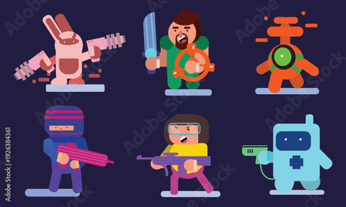 Set of game character illustration with flat style. Cyberpunk cartoon arcade shooter character illustration.