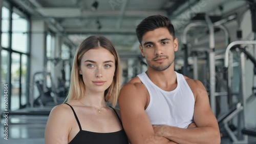 Portrait of a Confident Athletic Couple Standing in a Modern Gym with Fitness Equipment Background, 4K video