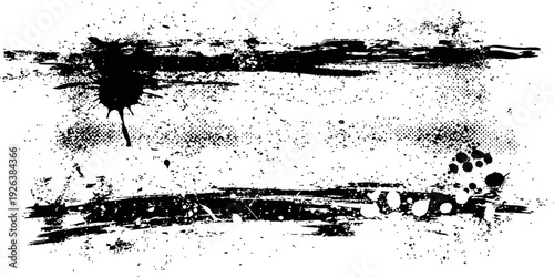 Distressed Grunge Frame Element Vector Black Brush Strokes Ink Splatters and Halftone Dots Texture Background