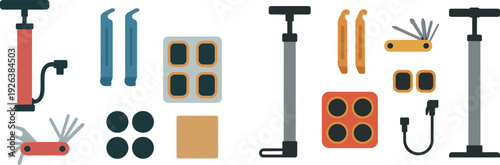 Set of crucial tools for bicycle maintenance displayed neatly, including a pump, tire levers, a multi-tool, and replacement parts. Perfect for cyclists needing quick repairs.
