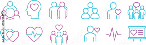 Six unique icons illustrate themes of community, mental well-being, affection, and human connection using vibrant colors against a clean background.