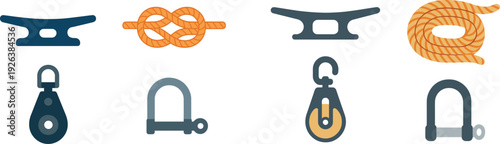 Docking tools including a cleat, knot, pulley, and shackle are arranged neatly. These items are essential for boating activities, ensuring secure mooring and rigging.