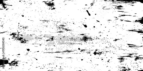 Black and white distressed grunge texture background vector abstract design with paint splatters brush strokes and halftone pattern