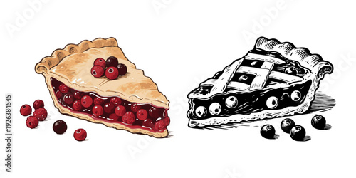 Slice of berry pie illustrated in full color and black ink sketch style, placed on a clean white background, concept of food contrast art