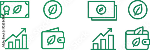 Various symbols related to sustainable finance are displayed, featuring a dollar bill, a rising chart, a coin, and a wallet, emphasizing eco-friendly investment practices.