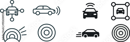 Various icons represent key components of connected vehicle technology, showcasing features like communication, alerts, and safety signals essential for modern transportation.