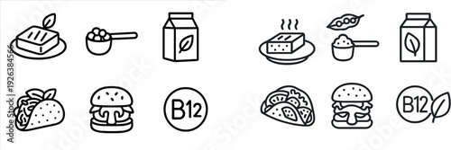 A collection of healthy food items features tofu, yogurt, plant milk, a taco, a burger, and a B12 symbol, emphasizing nutritional benefits in a simple, artistic layout.