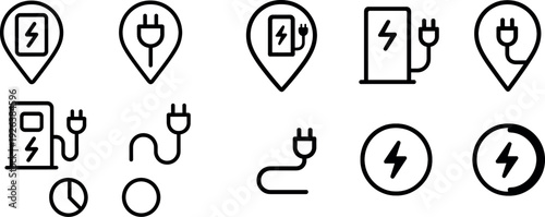 Symbols depict electric vehicle charging stations with location markers, along with power plugs and a clock, amplifying accessibility for EV users.