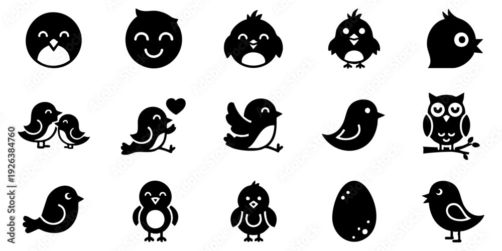 Fototapeta premium Bird icons set: 15 black silhouettes with flying, perched, owl, egg, cartoon faces, simple decorative style.