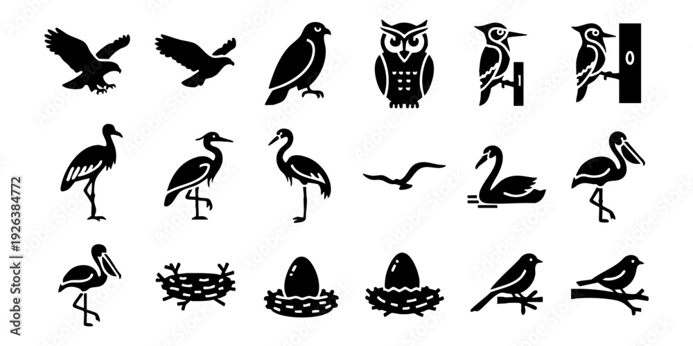 Obraz premium Bird silhouette icons: 18 black vector designs with hawks, owl, woodpeckers, cranes, swan, pelican, nests, songbirds.