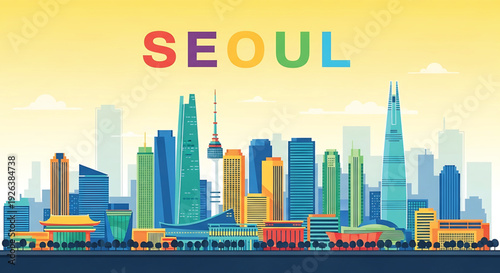 Vibrant Seoul cityscape with modern skyscrapers and traditional architecture