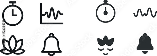 Four simple icons depict a stopwatch, heartbeat line, lotus flower, and bell, symbolizing themes of time management, wellness, mindfulness, and stress relief in daily life.