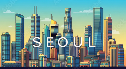 Vibrant Seoul cityscape with modern skyscrapers and colorful buildings