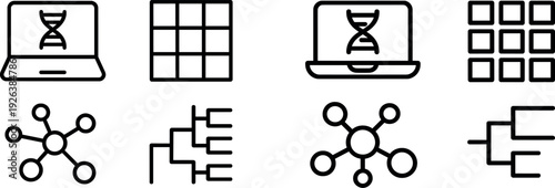 Visual elements depict fundamental biology concepts such as DNA analysis, grid data representation, network connections, and evolutionary tree structures, showcasing scientific tools.