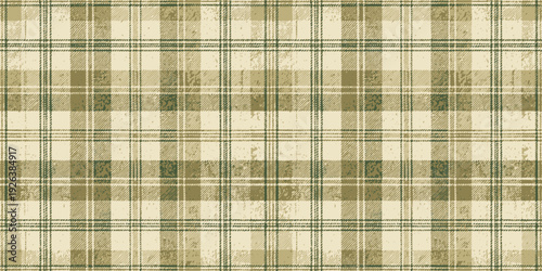 A close-up view of a textured plaid fabric with a muted green and beige color scheme. Vector