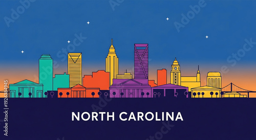 Vibrant North Carolina cityscape at sunset with modern buildings