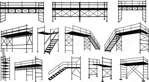Scaffolding structure silhouettes, construction scaffold platforms with stairs and railings, mobile tower scaffolds, industrial access frames, black vector set, building site equipment