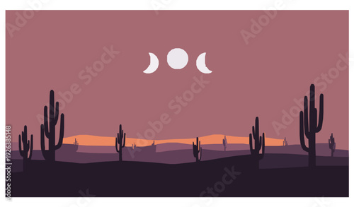 Boho Desert Landscape with Moon Phases and Cacti Vector